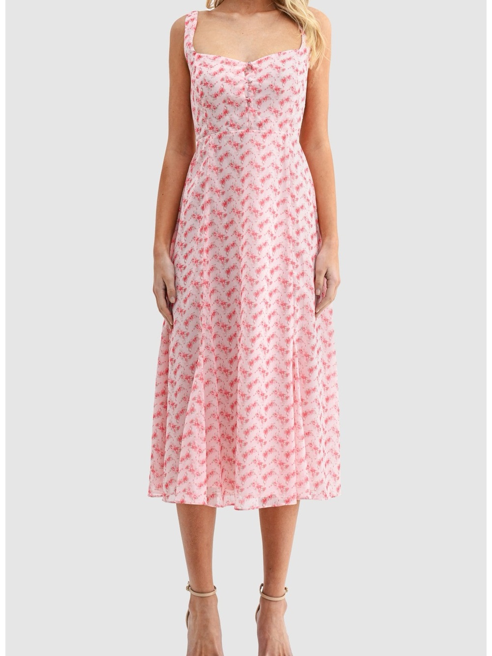 Lush Pink Floral Midi Dress with Sweetheart Neckline